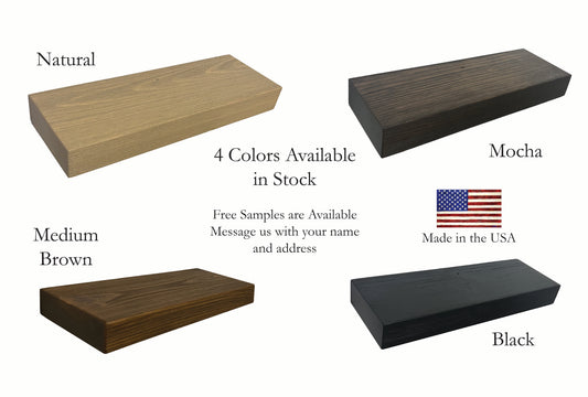 Four wooden planks in different colors with color names and availability information on a white background.
