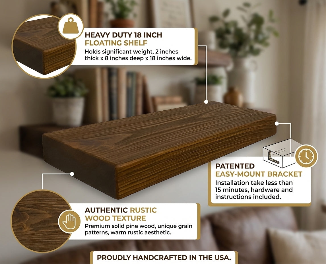 Classic Floating Shelf – 2” Thick, 8” Deep