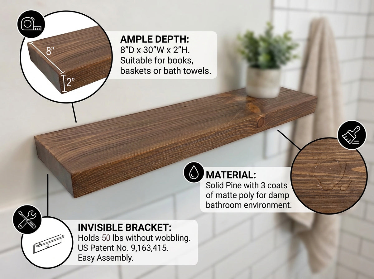 Classic Floating Shelf – 2” Thick, 8” Deep