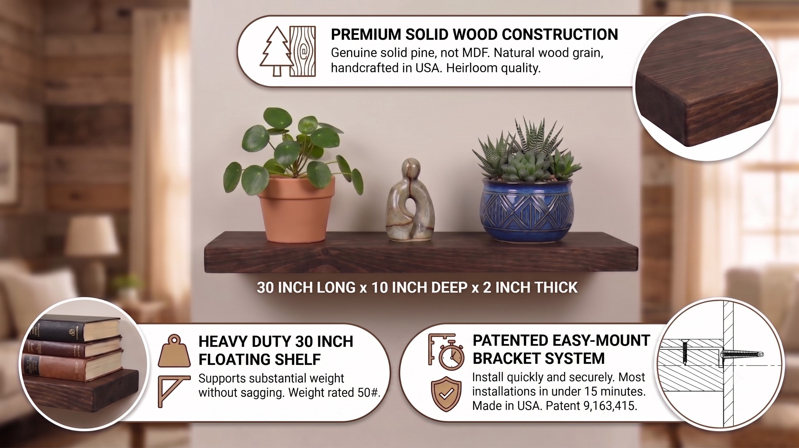 Deep Storage Floating Shelf – 2” Thick, 12” Deep