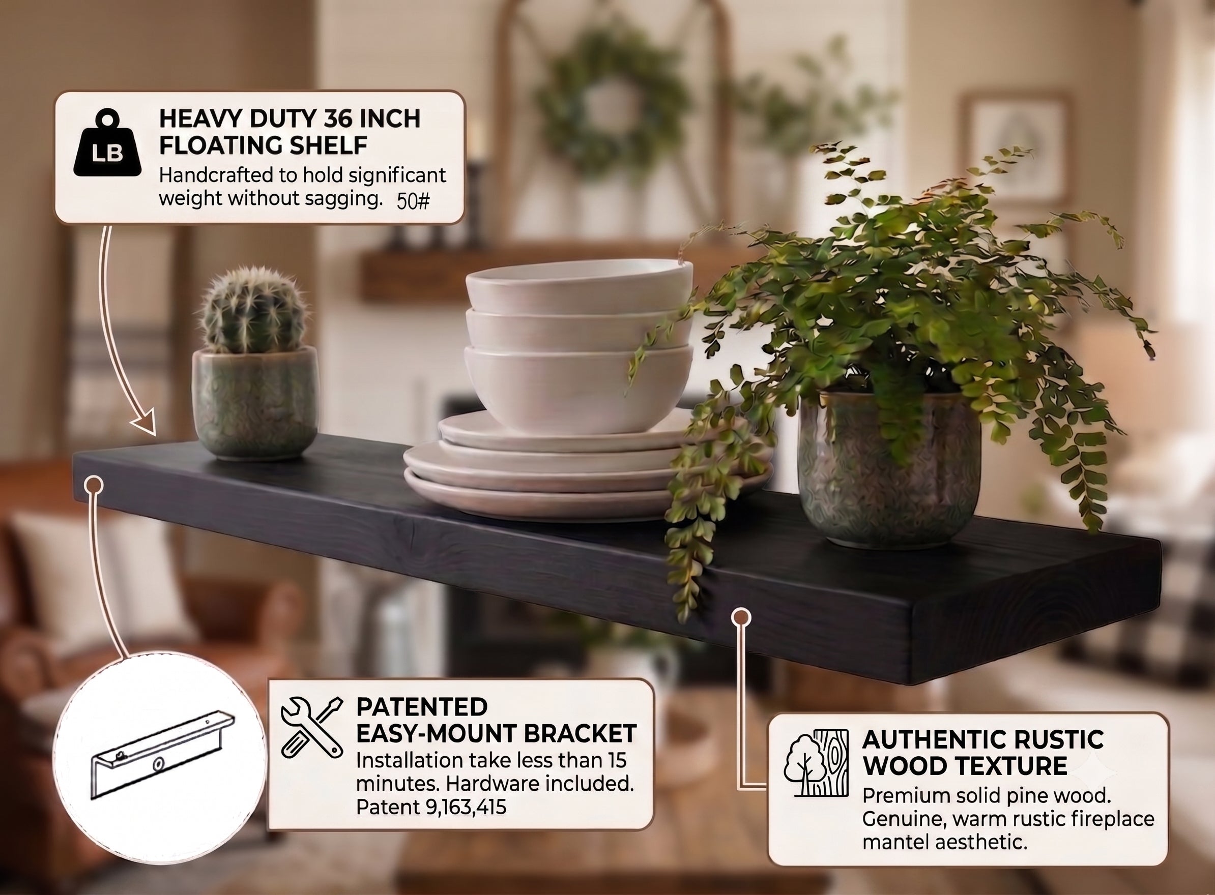 Deep Storage Floating Shelf – 2” Thick, 12” Deep