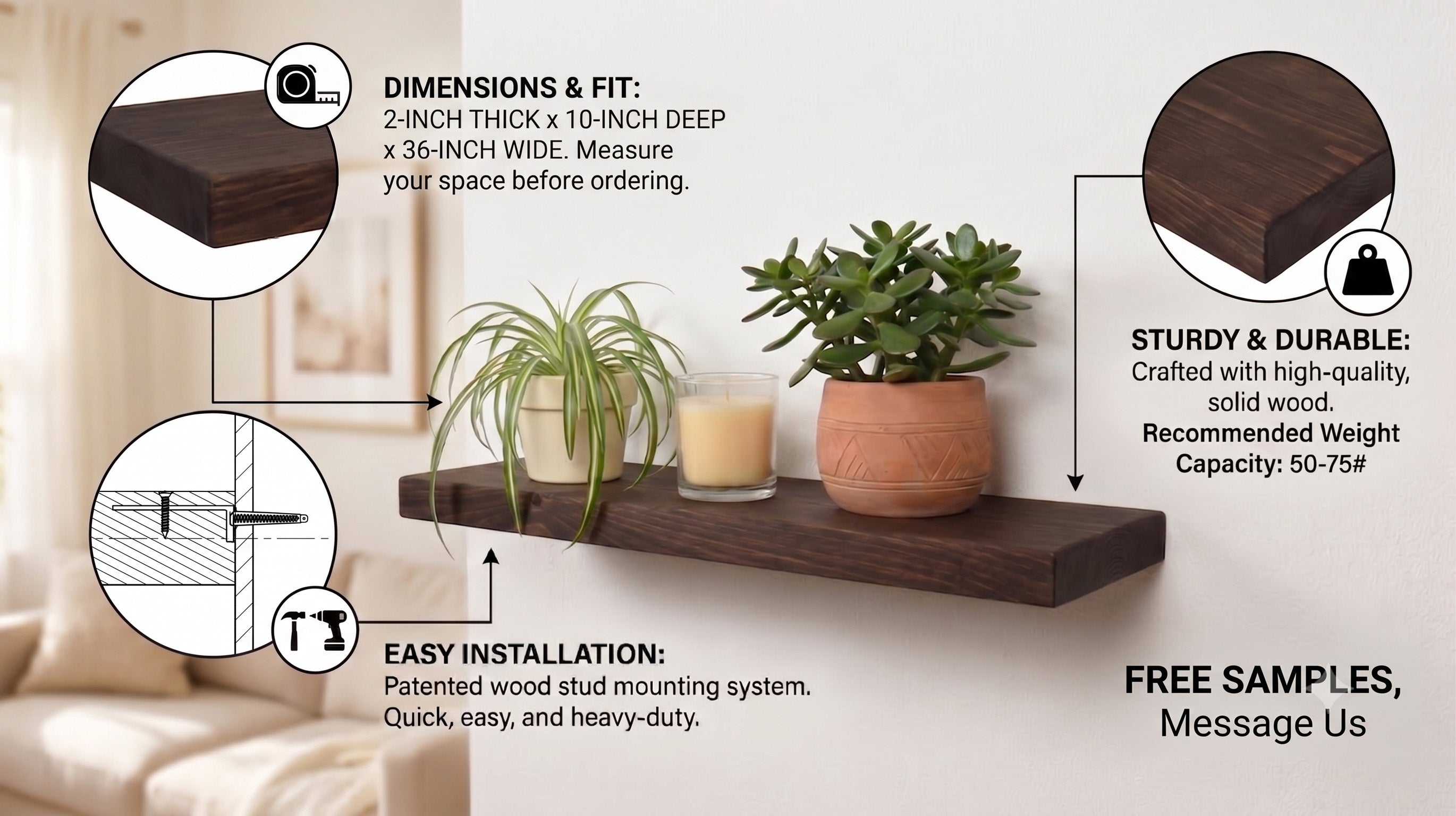 Elite Floating Shelves by Joel – 10 Inch Deep Solid Wood Shelves, Handmade in the USA